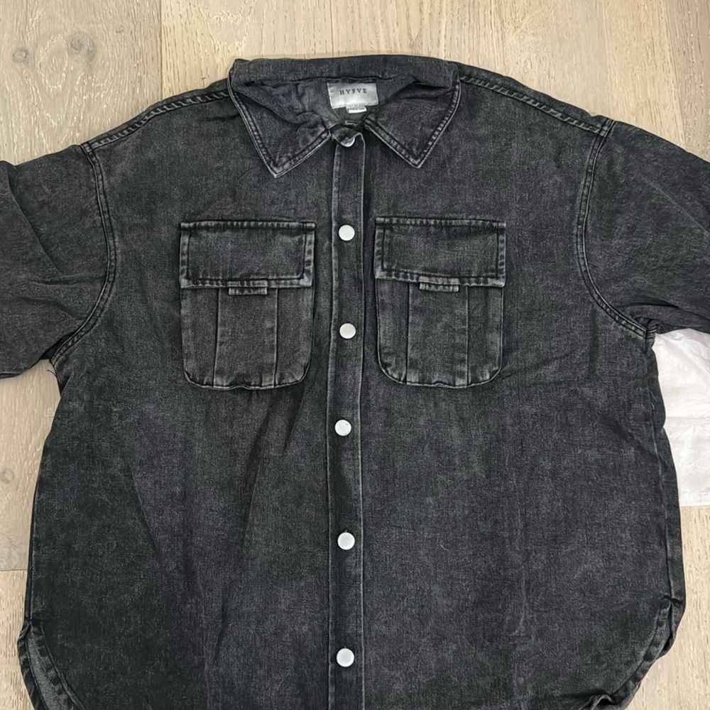 Very oversized black denim button up shirt